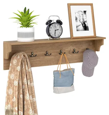 Produktbild von Wandgarderobe mit Ablage und 6 Haken, Holz