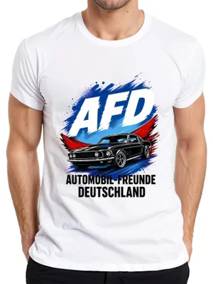 Immagine prodotto di T-shirt da uomo, bianco, taglia XL, con scritta "AFD Automobil Freunde Deutschland" e immagine di un'auto sportiva, con tono sarcastico
