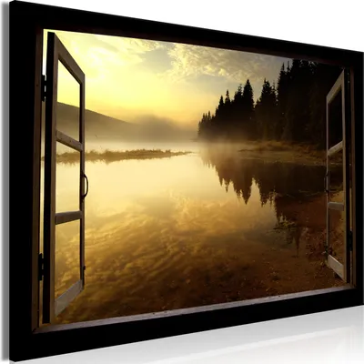 Produktbild von Modernes Wandbild Fensterblick 120x80 - 1 Teile Bilder Fotografie auf Vlies Leinwand Foto Bild Dekoration Wand Bilder Kunstdruck Wald Nebel Landschaft Natur c-C-0366-b-a