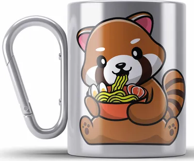 Produktbild von Trendation - Ramen Roter Panda Edelstahl Tasse Karabiner Musik Kinder Geschenkidee für Jungs Mädchen Lustige Grafik Nudeln (Silber)