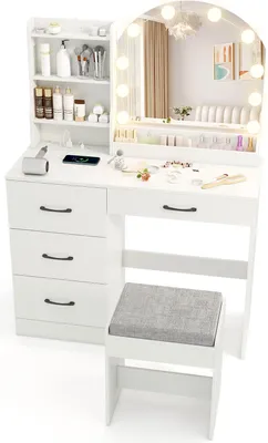 Produktbild von Schminktisch-Set, LED-beleuchtetem Spiegel, , gepolstertem Hocker, Ladestation, dimmbaren Lichtern in 3 Farben, 4 Schubladen, 3 offene Regale, Weiß
