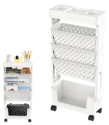 Image de Étagère mobile sur roulettes - Chariot de rangement étroit - 5 niveaux - Roulettes pivotantes à 360° - 2 roulettes fixes avec frein - Plastique - Blanc