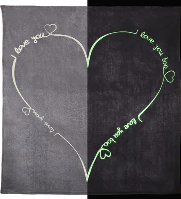 A split image showing a heart-shaped blanket. The left side is gray and shows the text 'i love you' in white. The right side is black and shows the text 'i love you too' in glowing green.