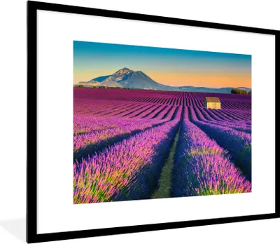 Produktbild von MuchoWow® Gerahmtes Poster Lavendel - Berg - Blumen 80x60 cm - Poster mit Schwarzem Bilderrahmen Wandposter Rahmen Foto Bilder - Schlafzimmer-Dekorationen - Fotoposter