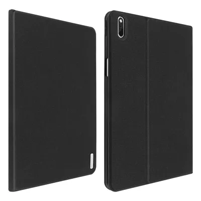 Two views of a black tablet case.