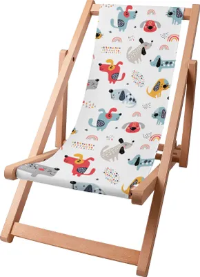 Zdjęcie produktu dla Dreamroots Leżak dziecięcy składany drewniany, drewno bukowe do 130 kg, leżak składany z 3-stopniową regulacją nachylenia oparcia, Rainbow and Dogs