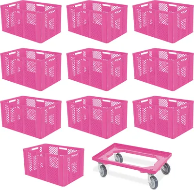 Produktbild von 10 Euroboxen, LxBxH 600x400x410 mm, lebensmittelecht + 1 Transportroller, pink