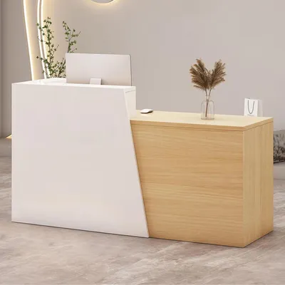 Image de Comptoir de réception avec tiroir et étagères, dimensions 210x42x100 cm, blanc et bois