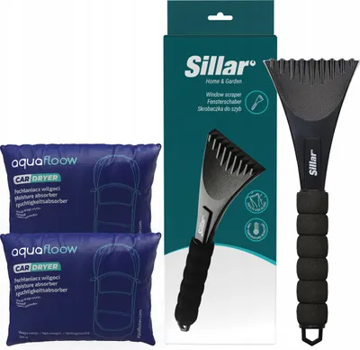 A product shot featuring two moisture absorber bags and a boxed ice scraper.