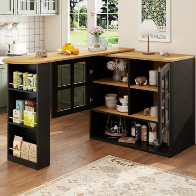 A modern kitchen with a multifunctional bar table and sideboard.