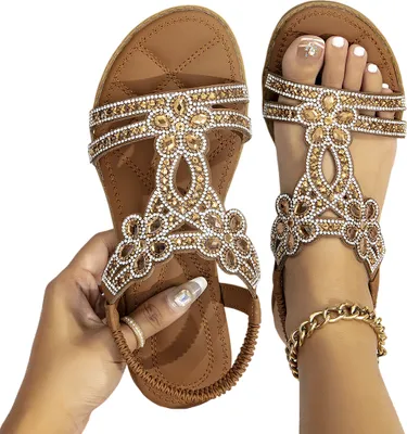 Produktbild von ASKSA Damen Glitzer Sandalen Sommer, Strass Sandalen Elegant Flach Schuhe, Camel, Groesse: 39
