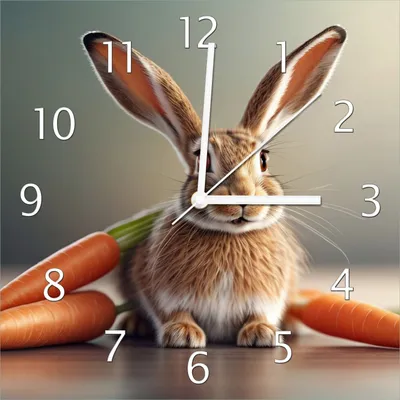 Produktbild von Wallario Design Wanduhr Flauschiger Hase mit Möhren aus Echtglas, Größe 30 x 30 cm