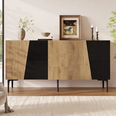 Produktbild von Flieks Sideboard mit 4 Türen, 3 Schubladen, Kommode mit Eisenbeinen, viel Stauraum, Standschrank für Wohnzimmer & Esszimmer, Holzoptik+Schwarz
