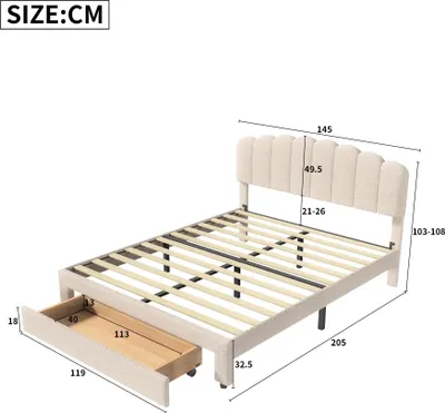 Produktbild von Bettrahmen - Doppelbett 140x200 cm - Samtbezogen - Kopfteil in Bärenform - Mit 1 Schublade - Metall-/Holzgestell - Ohne Matratze - Beige