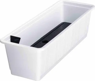 A white rectangular planter box with a black insert for a watering system.