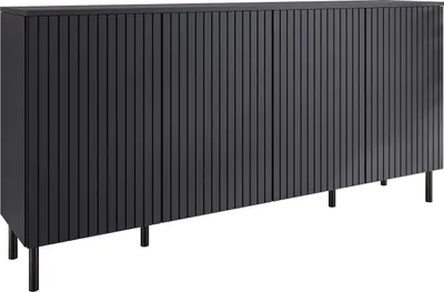 A black sideboard with vertical slatted doors and thin metal legs, shown against a white background.