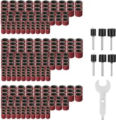 Produktbild von 307-teiliges Walzenschleifer-Set – Schleifwalzen-Kit mit 300 Schleifbandhülsen (80/120/240) + 6 Walzendorne für Rotationswerkzeug + 1 Schraubenschlüssel