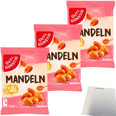 Produktbild von Gut & Günstig Mandeln mit Salz und Honig lecker karamellisiert 3er Pack (3x150g Packung) + usy Block