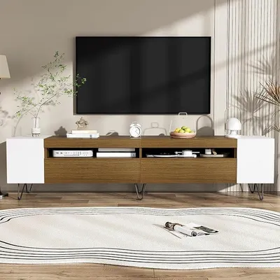 Productafbeelding van Moderne TV-kast, TV-meubel met 2 deuren en een open opbergruimte, kleurblokontwerp, 180 cm lang. TV-tafel, tv-meubel met metalen poten voor woonkamer en slaapkamer, 180x36x43 cm (wit)