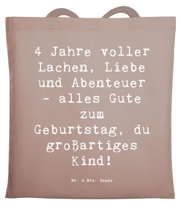 Produktbild von Mr. & Mrs. Panda Tote Bag Spruch 4. Geburtstag - Braun Pastell - Geschenk, Laptoptasche, Geburtstagsfeier, 4 Jahre, Tragetasche, Happy Birthday, Jutebeutel, Tasche, Alter