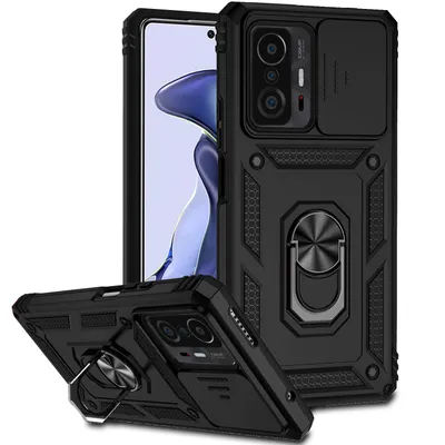 Obrázek produktu pro Pouzdro pro Xiaomi 11T / 11T Pro dvouvrstvé pouzdro s posuvným krytem kamery a prstencovým stojánkem černé