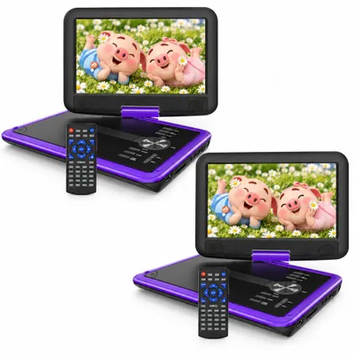 Productafbeelding van 11,5-inch draagbare DVD-speler met 9,5-inch HD-scherm dat kan worden gedraaid, ideaal voor in de auto. Beschikt over een geheugenfunctie voor het hervatten van het afspelen en heeft een batterijduur van 4-6 uur. Ondersteunt geen Blu-ray. 2 stuks