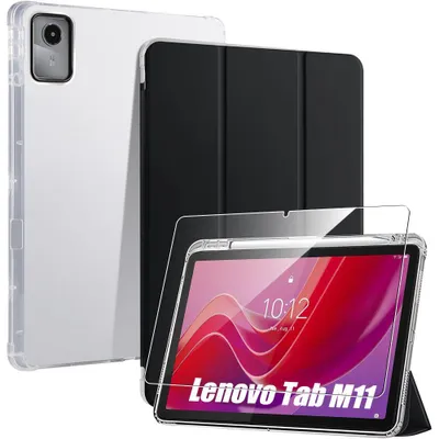 Image de Coque + Verre Trempé pour Lenovo Tab M11, Protection Antichoc Renforcé avec Porte-Stylet - Noir