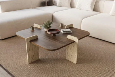 Produktbild von Skye Decor, Hochwertiger Couchtisch, Walnuss & Travertin, 90 x 35 x 90 cm | 100% melaminbeschichtete Spanplatte | Modernes Design, ideal für Wohnzimmer & moderne Räume.