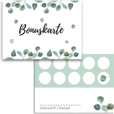 Produktbild von Blanko Bonuskarten zum Abstempeln - Hochwertige Stempelkarten für Unternehmen, Firmen & Gastronomie (50x Stück, Eukalyptus)