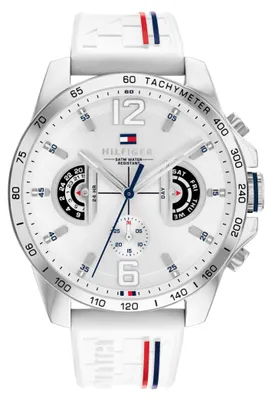 Produktbild von Tommy Hilfiger Multi Zifferblatt Quarz Uhr für Herren mit Weisses Silikonarmband