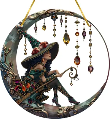Produktbild von Hängendes Ornament mit Mond und Hexe, hängende Fensterdekoration, Gothic-Sonnenfänger