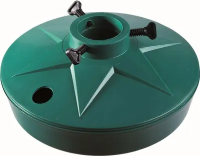A green Christmas tree stand with three black screws.