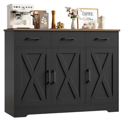 Productafbeelding van Dressoir met 3 lades en 3 deuren, buffetkast met werkblad, hout, antiek bruin/zwart