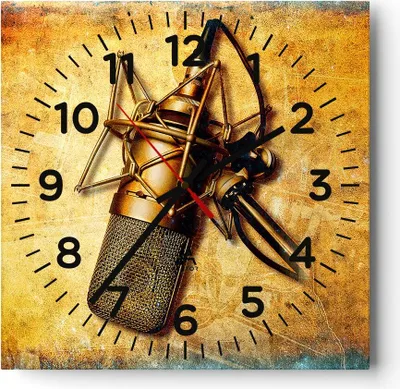 Produktbild von Wanduhr - Quadrat - Glasuhr - Mikrofon Musik Lied - 30x30cm - Schleichendes Uhrwerk - Lautlos - zum Aufhängen bereit - Dekoration Modern - Wanddekoration aus Glas - C4AC30x30-0525