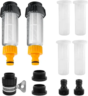 Obrázek produktu pro Vodní filtr pro zahradní hadici, 2 kusy 3/4 palcového předfiltru pro zahradní čerpadlo se 4 filtračními prvky a 5 rychlospojkami, sada předfiltrů pro tlakové myčky, zahradní čerpadla, obytné vozy