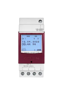 Immagine prodotto di Grässlin 43.03.0001.1 talento smart C15 - Interruttore orario digitale con Bluetooth, programmazione app, programma settimanale e riserva di energia I 1 canale I 2TE I 500 posizioni di memoria I Montaggio su guida DIN