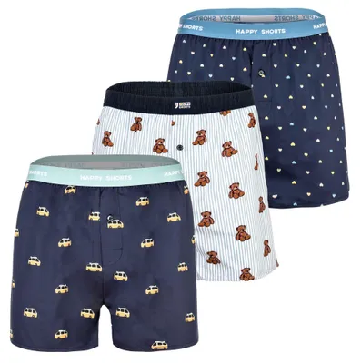 Produktbild von Happy Shorts Herren Webboxershorts, 3er Pack - American Style, Baumwolle, gemustert Hearts/Bear On Stripes/Bus XL