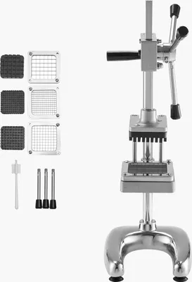 Image de Coupe-frites manuel SucceBuy en acier inoxydable avec 3 lames interchangeables (12,7/9,525/6,35 mm), idéal pour la préparation des légumes et des fruits dans les restaurants, cafés et bistrots