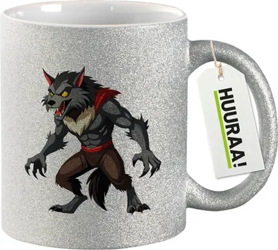 Produktbild von Huuraa Glitzertasse Werwolf Fabelwesen 330ml Silber Keramik Kaffeebecher Geschenkidee