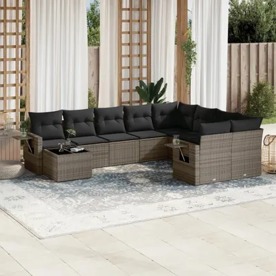 Produktbild von Design 10-tlg. Garten-Sofagarnitur mit Kissen Grau Poly Rattan, Gartenmöbel-Sets 2024 Neu
