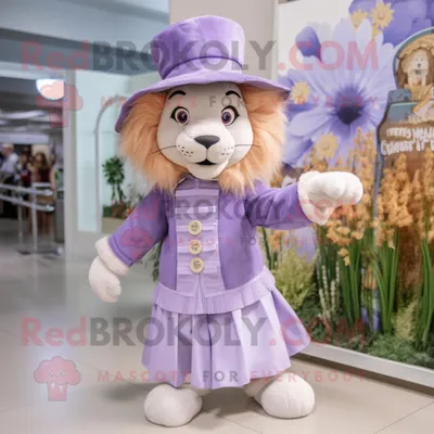 Produktbild von Lavendelbändiger-Löwe REDBROKOLY Maskottchen Kostüm figur bekleidet mit einem Midi-Kleid und Hutnadeln