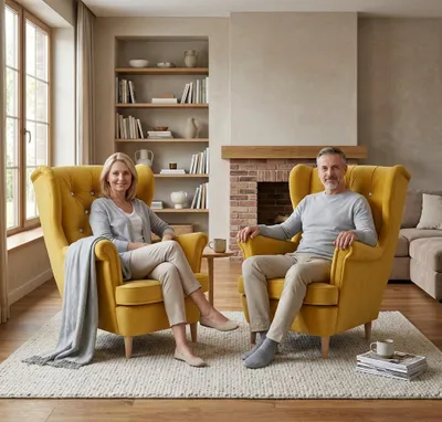 Produktbild von Ohrensessel-Set GAJA Royal – Gesteppt mit Kristallen, Velours in Senfgelb, Family Meble, KI-generiertes Bild