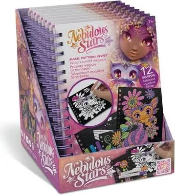 A display box filled with Nebulous Stars Magic Pattern Velvet art kits for children.