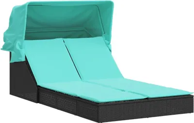 Produktbild von Doppelte Sonnenliege mit Baldachin und Kissen, schwarzes Polyrattan