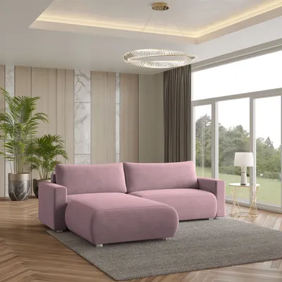 Zdjęcie produktu dla Masseno Narożnik TURIN M z funkcją spania i pojemnikiem na pościel Kształt L, Rozkładana sofa, Rogówka - Pudrowy róż, MONOLITH 62