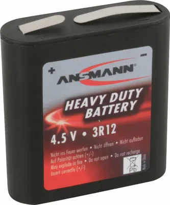 A black battery with a label showing product information.