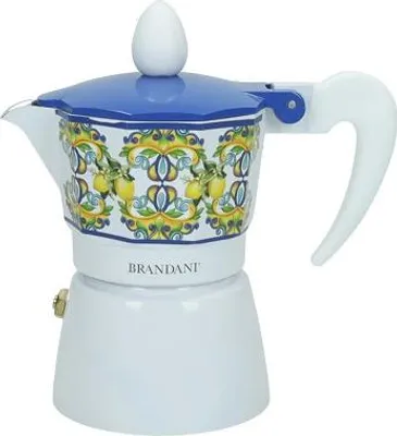 Produktbild von Kaffeemaschine mit blauem Zitrusmotiv, eine Tasse, Aluminium