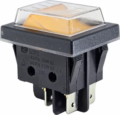 Produktbild von Wippenschalter mit Wasserdichte Abdeckung 2 polig (4pin) 16A 250VAC 30x22mm Gelbe Wippe beleuchtet