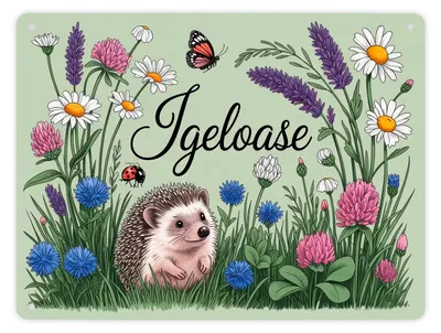 Produktbild von Igel auf Wildblumen Igeloase Metallschild XL in 21x28 cm Gartendeko