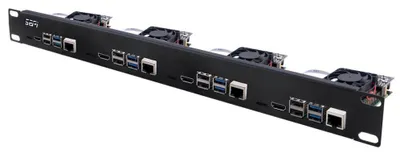A black rackmount unit with multiple ports and fans, designed to hold Raspberry Pi units.